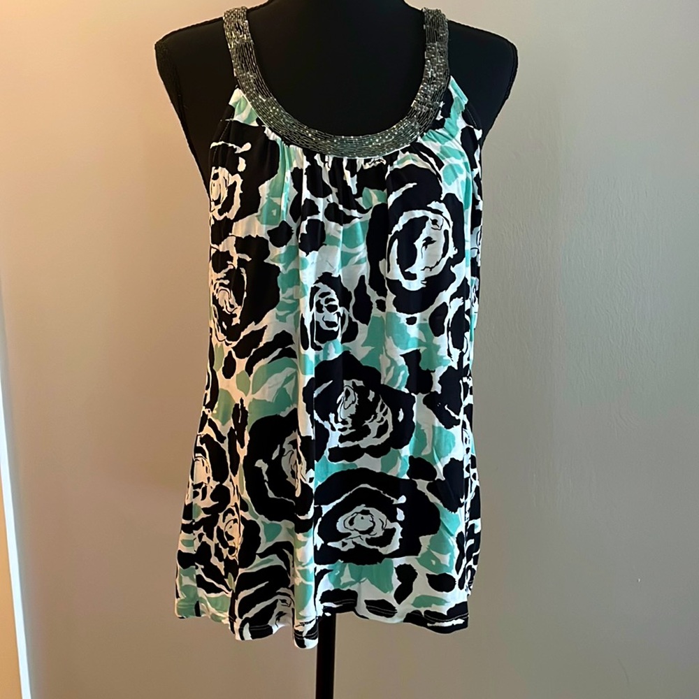 Inc  black, white and mint, green floral, print tank top. Size large